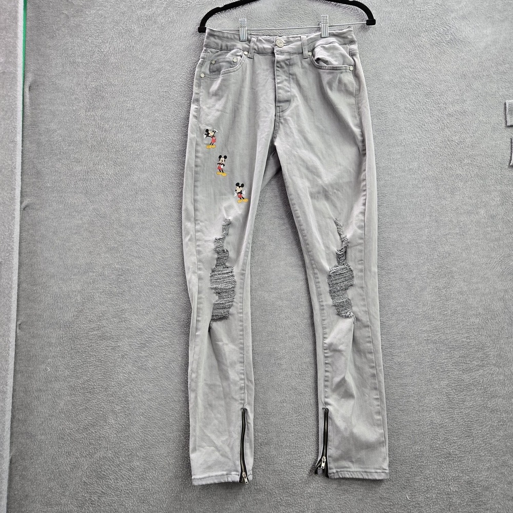 Boohooman X Disney Women Jeans 6 Gray Mickey Mouse Distressed Skinny Denim
